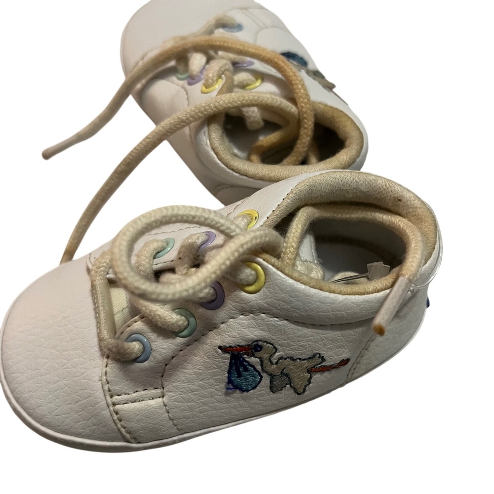 VINTAGE KEDS 21st Century Baby White Stork Embroidered Crib Shoes Size 3 Soft